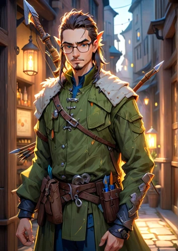 konstantin bow,cg artwork,male elf,male character,librarian,dane axe,cullen skink,biologist,rein,engineer,courier,archer,merchant,combat medic,huntsman,hero academy,guilinggao,gabriel,apothecary,game illustration,Anime,Anime,Cartoon