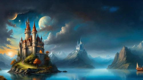 fantasy landscape,fantasy picture,heroic fantasy,northrend,fairy tale castle,fantasy world,fantasy art,castle of the corvin,fantasy city,3d fantasy,water castle,fairytale castle,world digital painting,knight's castle,ghost castle,an island far away landscape,hogwarts,castel,imperial shores,ruined castle