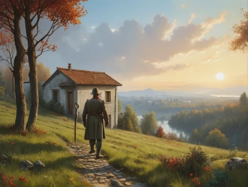 landscape background,home landscape,game illustration,the wanderer,one autumn afternoon,rural landscape,autumn landscape,autumn background,fantasy picture,world digital painting,autumn idyll,autumn morning,church painting,house silhouette,idyll,pilgrim,the autumn,spring morning,meadow landscape,wanderer,Photography,General,Realistic