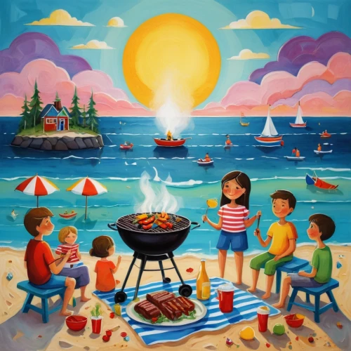 summer bbq,barbecue,bbq,barbeque,barbecue area,campfire,cooking book cover,outdoor cooking,firepit,barbecue torches,beach restaurant,luau,grilled food,new england clam bake,painted grilled,barbeque grill,barbecue grill,seafood boil,summer party,fire pit,Illustration,Abstract Fantasy,Abstract Fantasy 07