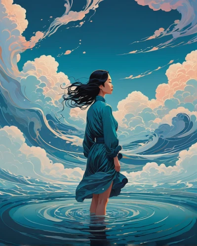 the wind from the sea,adrift,ocean,wind wave,japanese waves,the endless sea,sea,submerged,ocean waves,tidal wave,rogue wave,the shallow sea,god of the sea,the sea,world digital painting,ocean background,little girl in wind,sci fiction illustration,japanese wave,exploration of the sea,Illustration,Vector,Vector 05