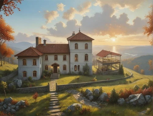 home landscape,house in mountains,mountain settlement,church painting,ancient house,house in the mountains,autumn landscape,lonely house,rural landscape,farmstead,peter-pavel's fortress,game illustration,little house,knight village,country estate,witch's house,stone houses,alpine village,country house,farm house,Photography,General,Realistic
