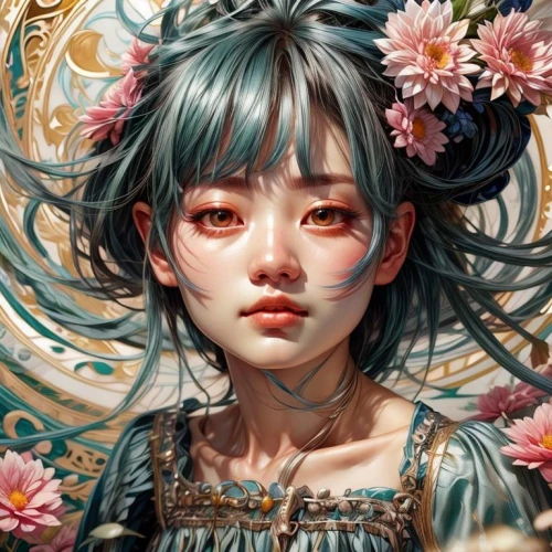 fantasy portrait,flower fairy,girl in flowers,girl in a wreath,japanese art,falling flowers,mystical portrait of a girl,amano,oriental girl,mint blossom,chinese art,geisha,flora,floral japanese,blossoms,hatsune miku,girl portrait,blossom,japanese floral background,flower girl