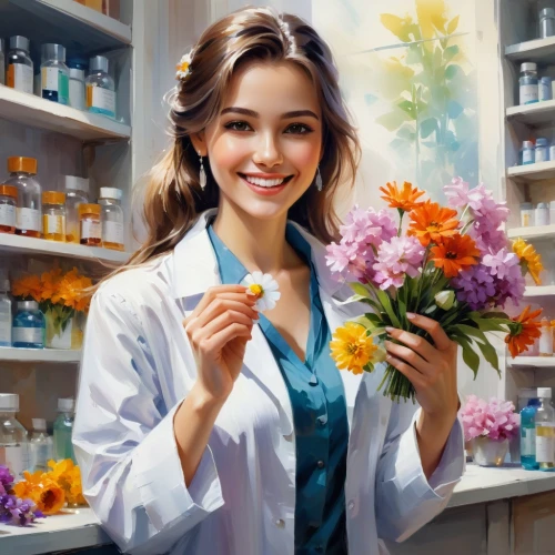 pharmacist,chemist,medical illustration,pharmacy,flower painting,female doctor,beautiful girl with flowers,girl in flowers,physician,veterinarian,florist,apothecary,medical sister,in the pharmaceutical,oil painting on canvas,medicine icon,pharmaceutical drug,health care provider,homeopathically,florists,Conceptual Art,Oil color,Oil Color 03