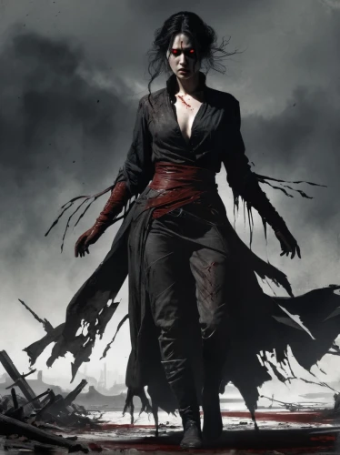 vampire woman,scythe,swordswoman,vampire lady,black crow,murder of crows,huntress,the wanderer,artemisia,game art,evil woman,game illustration,renegade,gothic woman,shinigami,bloody mary,goth woman,crow queen,blood stain,seven sorrows,Conceptual Art,Fantasy,Fantasy 33