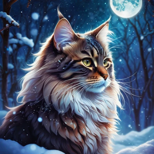 norwegian forest cat,siberian cat,maincoon,american curl,domestic long-haired cat,blue eyes cat,cat with blue eyes,winter background,winter animals,christmas snowy background,british longhair cat,american bobtail,breed cat,christmas cat,birman,capricorn kitz,cute cat,fantasy picture,snowball,fantasy art,Illustration,Realistic Fantasy,Realistic Fantasy 15