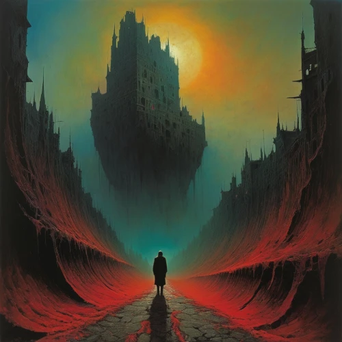 city in flames,valley of death,hollow way,red sun,barren,dune,threshold,descend,pall-bearer,pilgrimage,red planet,red cliff,desolation,plateaus,vast,descent,seismic,necropolis,guards of the canyon,narcist hill,Conceptual Art,Oil color,Oil Color 01