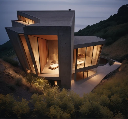 dunes house,cubic house,modern house,modern architecture,3d rendering,cube house,house in mountains,house in the mountains,frame house,archidaily,timber house,render,futuristic architecture,dune ridge,wooden house,corten steel,contemporary,danish house,inverted cottage,house shape,Photography,General,Cinematic