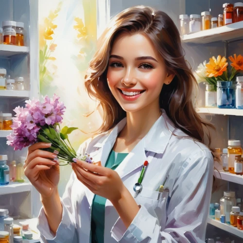 pharmacist,medical illustration,flower painting,pharmacy,apothecary,homeopathically,medicine icon,chemist,medicinal products,pharmaceutical drug,florist,girl picking flowers,beautiful girl with flowers,girl in flowers,pharmacy technician,nutraceutical,florists,healthcare medicine,women's cosmetics,in the pharmaceutical,Conceptual Art,Oil color,Oil Color 03