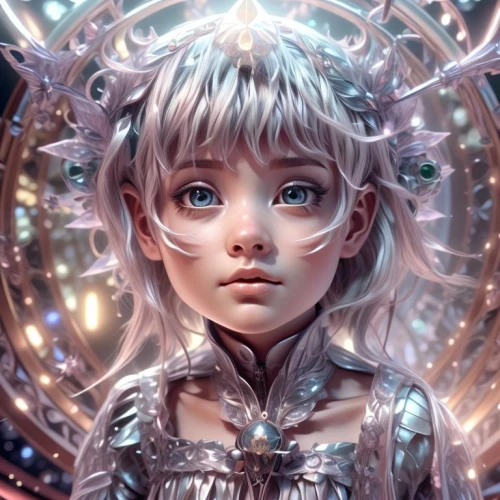 fantasy portrait,mystical portrait of a girl,aura,crystalline,silver,valerian,fantasy art,gemini,fae,libra,echo,child fairy,luminous,zodiac sign libra,bjork,aurora,elven,little girl fairy,digital art,faery