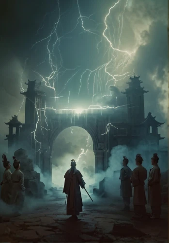 the storm of the invasion,fantasy picture,monks,sci fiction illustration,thunderclouds,buddhists monks,game illustration,prejmer,thunderheads,forbidden palace,storm troops,thunderstorm,hangman's bridge,pilgrimage,mystery book cover,ancient city,the ruins of the,necropolis,dragon bridge,fantasy art