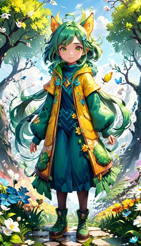 forest clover,fae,fairy tale character,child fairy,navi,dryad,ginko,forest man,bard,garden-fox tail,throwing leaves,summoner,hedgehog child,adventurer,gaia,orchard,fairy peacock,clovers,game illustration,elven,Anime,Anime,General