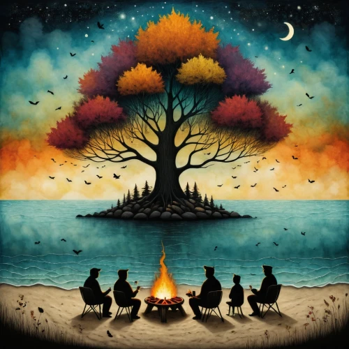 campfire,colorful tree of life,burning tree trunk,tree of life,magic tree,bonfire,bodhi tree,five elements,shamanism,campfires,autumn tree,firepit,celtic tree,tree torch,cd cover,autumn icon,circle around tree,autumn theme,autumn background,the night of kupala,Illustration,Abstract Fantasy,Abstract Fantasy 19