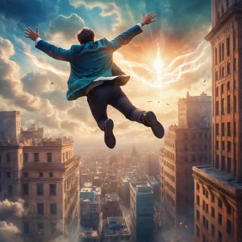 believe can fly,photo manipulation,leap for joy,skycraper,flying sparks,flying girl,ascension,digital compositing,leap of faith,photomanipulation,flying heart,flying,flying seed,photoshop manipulation,holy spirit,divine healing energy,i'm flying,high-wire artist,image manipulation,leap,Illustration,Realistic Fantasy,Realistic Fantasy 01