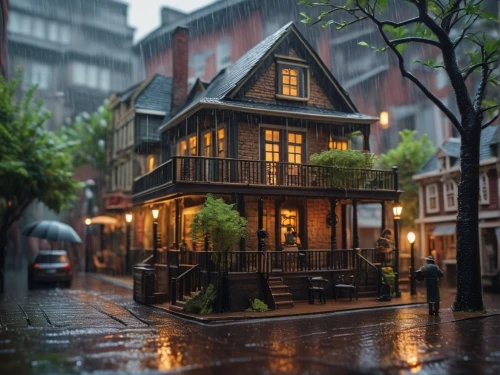 miniature house,wooden houses,wooden house,crooked house,rainy day,apartment house,rainy,little house,row houses,new orleans,dolls houses,small house,heavy rain,victorian house,doll's house,beautiful buildings,rainstorm,house by the water,lonely house,half-timbered house,Photography,General,Fantasy