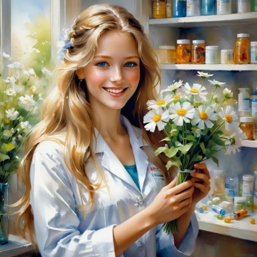 girl in flowers,girl picking flowers,flower painting,beautiful girl with flowers,pharmacist,florists,holding flowers,flower shop,chemist,homeopathically,apothecary,pharmacy,florist,flower arranging,girl in the kitchen,floristry,oil painting,with a bouquet of flowers,picking flowers,flower essences,Conceptual Art,Oil color,Oil Color 03