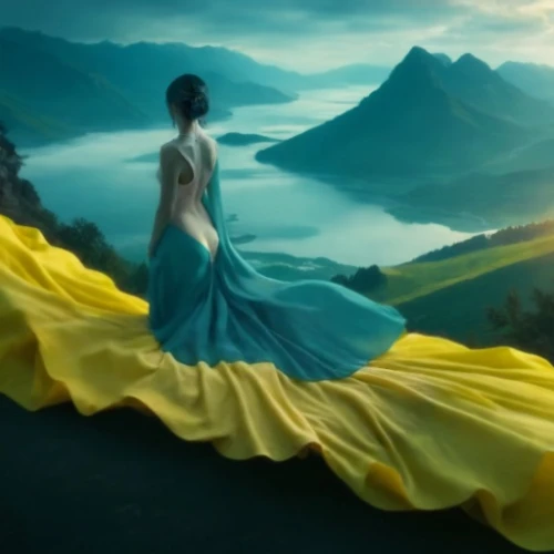 yellow and blue,girl in a long dress,fantasy picture,celtic woman,sailing blue yellow,fantasia,aurora yellow,yellow rose background,ball gown,girl in a long dress from the back,fantasy art,digital compositing,a girl in a dress,yellow garden,gracefulness,yellow rose,yellow sky,landscape background,beauty scene,yellow grass
