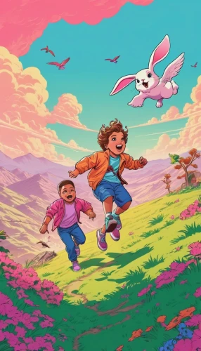 easter background,springtime background,children's background,bunnies,kids illustration,spring background,rabbits,easter theme,chasing butterflies,hare trail,happy easter hunt,easter rabbits,clover meadow,little girl running,hare field,game illustration,pink grass,game art,retro easter card,background screen,Illustration,Vector,Vector 19