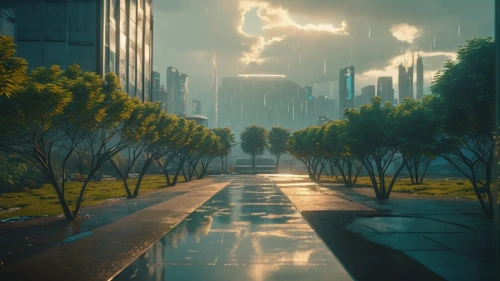 futuristic landscape,golden rain,flooded pathway,metropolis,after the rain,the sun and the rain,rainstorm,after rain,atmosphere,environment,atmoshphere,after the storm,walking in the rain,heavy rain,dystopian,monsoon,climate,shanghai,cityscape,storm ray,Photography,General,Cinematic