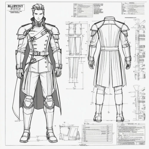 costume design,martial arts uniform,knight armor,concept art,male character,imperial coat,breastplate,heavy armour,garment,roman soldier,military uniform,paladin,a uniform,armour,protective clothing,prototype,armor,sheet drawing,armored,centurion,Unique,Design,Blueprint