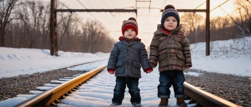 girl and boy outdoor,railroad crossing,train track,photographing children,toboggan,train ride,train route,railway crossing,railroad track,railway track,frozen tears on railway,winter trip,wooden sled,rail track,railroad,railtrack,children's railway,long-distance train,train way,railroads,Photography,General,Natural