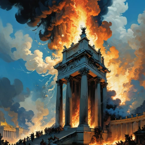 pillar of fire,the conflagration,city in flames,conflagration,the eruption,rome 2,eruption,burning of waste,burning torch,vittoriano,burning earth,tower of babel,pantheon,fire disaster,apocalyptic,neoclassical,inferno,fire mountain,ancient rome,solomon's plume,Conceptual Art,Oil color,Oil Color 04