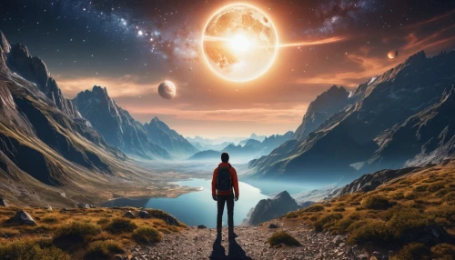 fantasy picture,photomanipulation,astral traveler,photo manipulation,world digital painting,earth rise,space art,the universe,alien world,alien planet,moon and star background,sci fiction illustration,dream world,photoshop manipulation,universe,the mystical path,astronomical,the earth,wanderer,fantasy landscape,Photography,General,Realistic