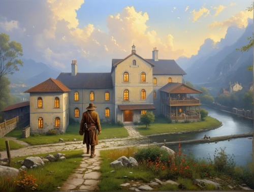home landscape,fantasy picture,church painting,escher village,fantasy landscape,landscape background,mountain settlement,world digital painting,house with lake,village scene,rural landscape,water mill,house in mountains,alpine village,painting technique,idyll,fisherman's house,mountain village,dutch mill,art painting,Photography,General,Realistic