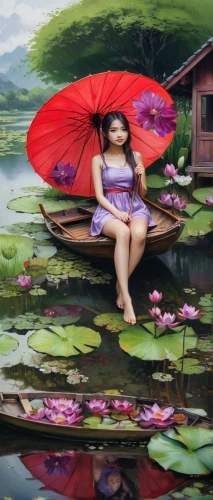vietnamese woman,little girl with umbrella,floating market,asian umbrella,world digital painting,lotus on pond,water lotus,waterlily,viet nam,water lily,lotus pond,lily pad,vietnam,girl on the boat,water lilies,lotus blossom,water lilly,fishing float,giant water lily,chinese art,Conceptual Art,Fantasy,Fantasy 03