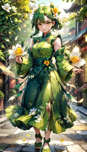 camellia,flora,marie leaf,flower fairy,fiori,throwing leaves,marguerite,lilly of the valley,spring background,falling flowers,emerald,hanbok,camellias,windflower,fae,green garden,green summer,flower background,green dress,forest clover,Anime,Anime,General