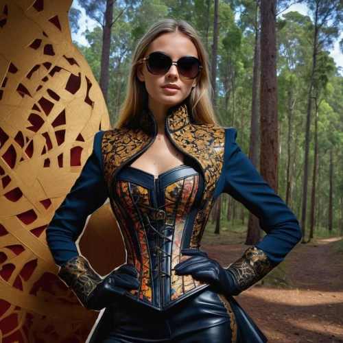 steampunk,latex clothing,femme fatale,corset,policewoman,latex,female model,fantasy woman,bodice,photo session in bodysuit,katniss,leather,harlequin,bolero jacket,bodypaint,matador,imperial coat,agent provocateur,celtic queen,leather texture,Female,Australians,Disheveled hair,Youth adult,M,Mini Skirt,Outdoor,Forest