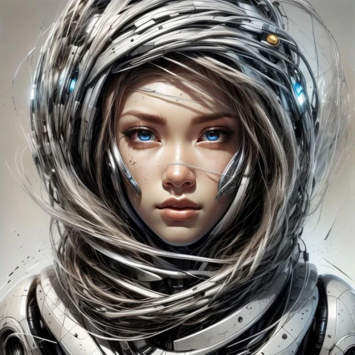 cyborg,echo,silver,andromeda,sci fiction illustration,fantasy portrait,head woman,veil,spacesuit,female warrior,scifi,cybernetics,gemini,space suit,cg artwork,eve,gara,sci fi,sidonia,woman face