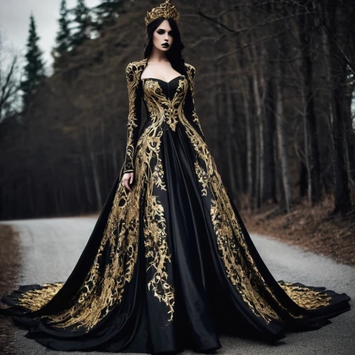 gothic dress,gothic fashion,gothic woman,ball gown,evening dress,gothic style,robe,victorian lady,imperial coat,black and gold,gold filigree,gown,victorian style,queen of the night,dress walk black,dark gothic mood,gothic,gothic portrait,lady of the night,baroque,Illustration,Realistic Fantasy,Realistic Fantasy 46