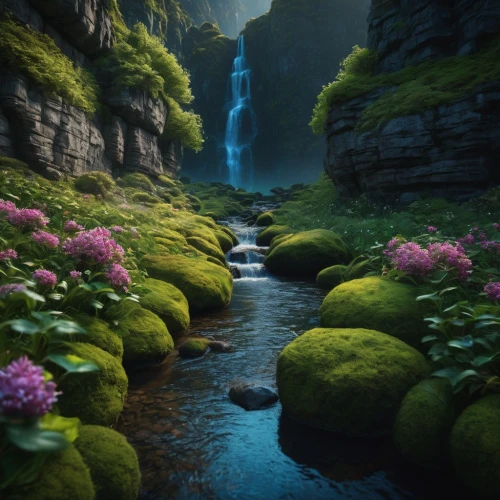 fantasy landscape,green waterfall,mountain spring,mountain stream,japan landscape,lilly of the valley,fantasy picture,nature landscape,brook landscape,fairy world,fairy forest,lilies of the valley,flower water,river landscape,a small waterfall,flowing creek,flowing water,3d fantasy,the valley of flowers,underwater oasis,Photography,General,Fantasy