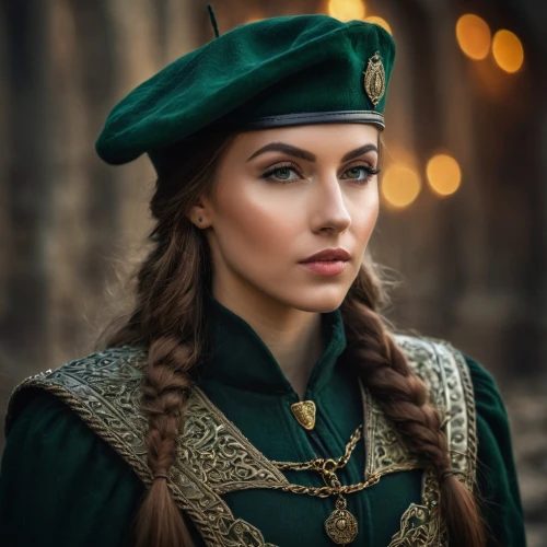 celtic queen,musketeer,miss circassian,tudor,beret,girl in a historic way,russian folk style,elven,ukrainian,elf,folk costume,fantasy portrait,lithuania,eufiliya,fairy tale character,princess anna,young woman,the hat of the woman,romantic portrait,woman portrait,Photography,General,Fantasy