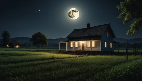 lonely house,little house,small house,home landscape,moonlit night,small cabin,night scene,miniature house,summer cottage,wooden house,world digital painting,hanging moon,beautiful home,fantasy picture,cottage,moonshine,houses clipart,evening atmosphere,photoshop manipulation,photo manipulation,Photography,General,Realistic