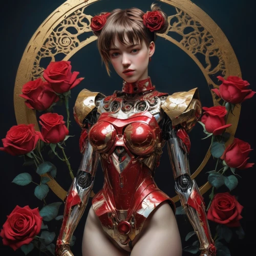 cassiopeia,red flower,red petals,queen of hearts,nero,fantasy woman,kotobukiya,cosplay image,noble rose,porcelain rose,cyborg,female warrior,amano,fantasy portrait,armor,petals,red ribbon,the japanese doll,red rose,xiaochi,Conceptual Art,Fantasy,Fantasy 01