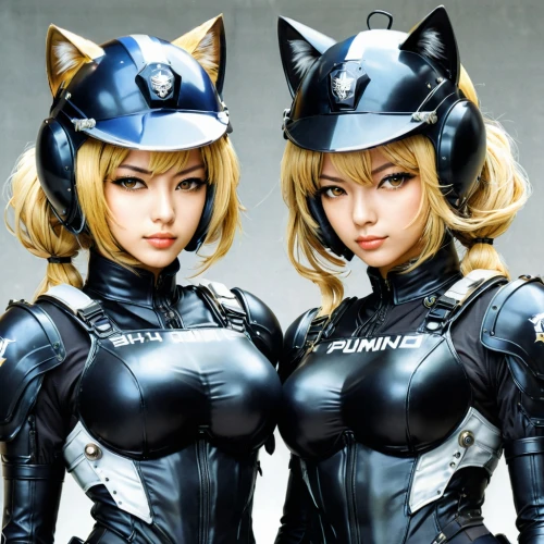 two cats,anime 3d,helmets,police uniforms,foxes,felines,latex clothing,catwoman,cats,motorcycle helmet,wildcat,catlike,feline look,kittens,cat ears,two wolves,birds of prey,cat and mouse,motorboat sports,huskies,Illustration,Japanese style,Japanese Style 09