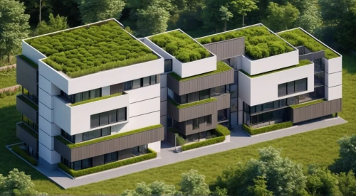 eco-construction,modern house,cubic house,grass roof,modern architecture,residential house,green living,cube house,garden elevation,modern building,residential,3d rendering,solar cell base,smart house,eco hotel,residential building,block of grass,appartment building,house in the forest,build by mirza golam pir,Photography,General,Realistic