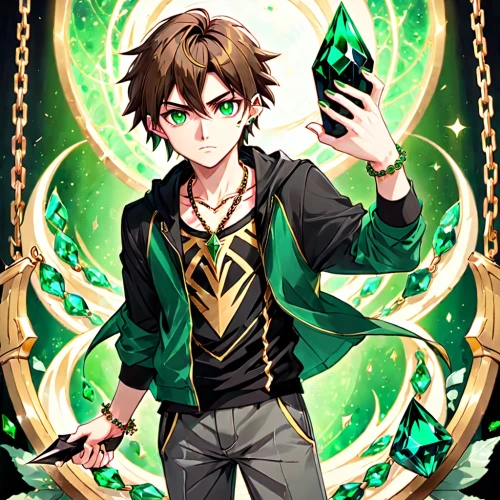 emerald,magician,anahata,clover frame,the son of lilium persicum,watchmaker,green snake,leo,diamond background,edit icon,amulet,phoenix,corvin,mazda ryuga,riddle,green jacket,weaver card,pot of gold background,runes,star card,Anime,Anime,Traditional