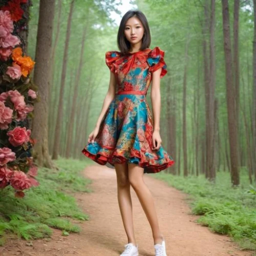 floral dress,floral japanese,floral skirt,vintage floral,doll dress,girl in flowers,colorful floral,country dress,girl in a long dress,asian woman,a girl in a dress,phuquy,vintage asian,vintage dress,japanese floral background,miss vietnam,women fashion,mulan,oriental princess,asian girl,Female,East Asians,Disheveled hair,Youth adult,M,Mini Skirt,Outdoor,Forest