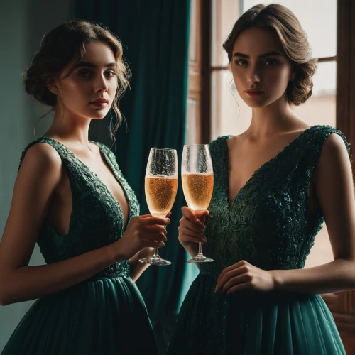 cocktail dress,champagne cocktail,green dress,elegant,bridesmaid,evening dress,elegance,wedding glasses,a glass of champagne,champagne glasses,party dress,champagne color,two glasses,vintage dress,wedding photo,champagne,dresses,champagne stemware,cocktails,emerald,Photography,Documentary Photography,Documentary Photography 08