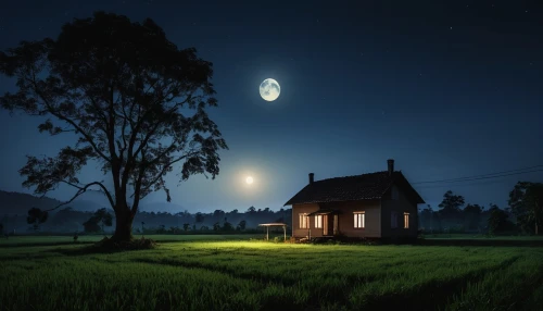 lonely house,moonlit night,night scene,home landscape,landscape background,moonshine,evening atmosphere,rural landscape,night indonesia,night image,moonlit,the night of kupala,small house,little house,fantasy picture,night photograph,farm landscape,small cabin,nightscape,hanging moon,Photography,General,Realistic