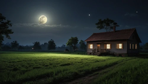 lonely house,moonlit night,night scene,little house,home landscape,moonshine,hanging moon,small house,fireflies,fantasy picture,night image,wooden house,the night of kupala,evening atmosphere,world digital painting,witch's house,moon and star background,moonlit,small cabin,witch house,Photography,General,Realistic