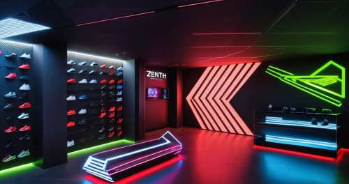 shoe store,game room,ufo interior,walk-in closet,shoe cabinet,laser tag,sports wall,nightclub,computer room,fitness room,closet,computer store,showroom,neon human resources,neon arrows,adidas,vending machines,retail,fitness center,indoor games and sports,Photography,General,Realistic