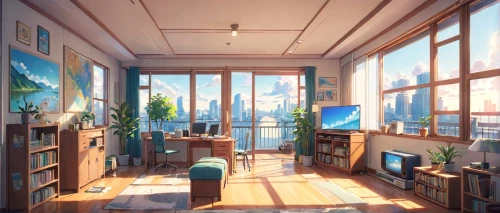 sky apartment,livingroom,study room,apartment,modern room,living room,shared apartment,an apartment,playing room,blue room,great room,big window,morning light,violet evergarden,bedroom window,one-room,danish room,penthouse apartment,apartment lounge,modern office,Anime,Anime,Realistic