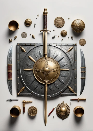 ship's wheel,shield,collected game assets,compass,zodiac,compass direction,orrery,nautical banner,ships wheel,magnetic compass,pirate treasure,symbols,bearing compass,icon magnifying,heraldic shield,talisman,heraldic,trinkets,ethereum icon,compass rose,Unique,Design,Knolling