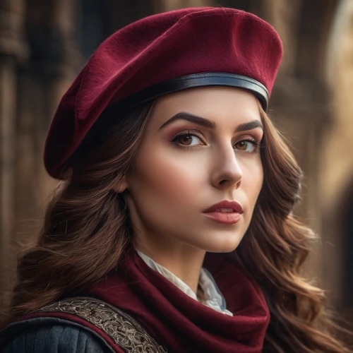 beret,fantasy portrait,red coat,scarlet witch,musketeer,leather hat,girl in a historic way,romantic portrait,sparrow,red tunic,woman portrait,the hat of the woman,tudor,red russian,fairy tale character,retouching,girl wearing hat,the hat-female,retouch,girl portrait,Photography,General,Fantasy