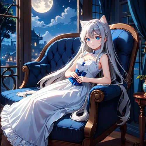 white heart,moonlit night,moonlight,luna,moonlit,lunar,blue moon rose,sitting on a chair,cinderella,blue heart,azure,alice,sleeping rose,lady of the night,moon night,queen of the night,a200,aqua,romantic night,moon and star background,Anime,Anime,Traditional