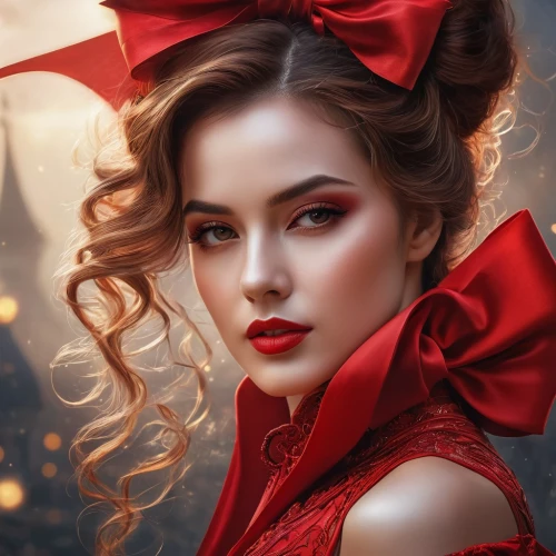 red bow,queen of hearts,lady in red,fantasy portrait,scarlet witch,red gown,romantic portrait,red rose,red ribbon,fantasy art,red riding hood,mystical portrait of a girl,fairy tale character,red coat,man in red dress,little red riding hood,red gift,world digital painting,red russian,romantic look,Photography,General,Fantasy